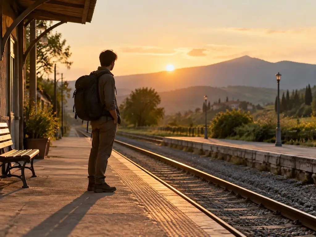 A traveller with a backpack waits on a quiet country train platform at sunset